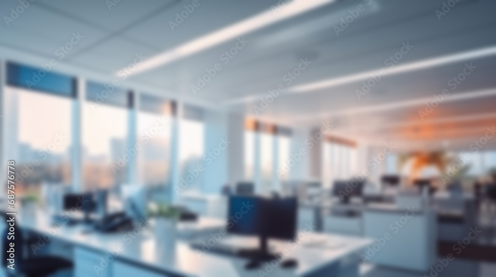 Blurred of modern office Interior with beautiful lighting.