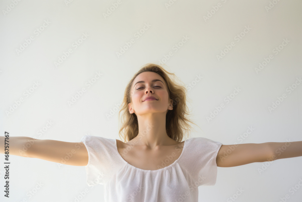 A young beautiful woman happily spreads her arms. Portrait with arms out to the sides. A young beautiful woman happily spreads her arms. Portrait with arms out to the sides.
