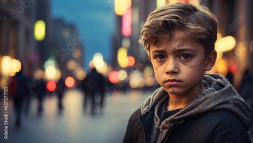 Little sad boy face portrait, close-up, blurred street background. Bullying at school problem. Child mental illness. Kids depression banner. Sadness childhood, generated by AI