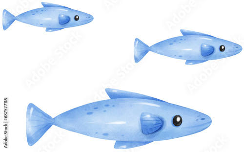 Cute fish under the sea watercolor illustration
