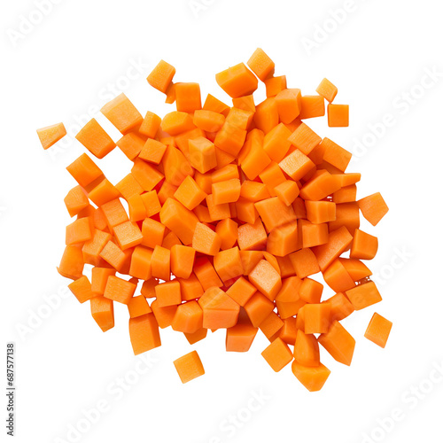 top view of diced vegetable carrots isolated on a white transparent background 