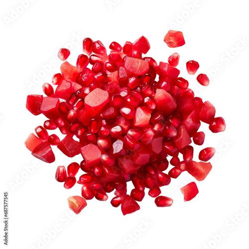 top view of diced fruit pomegranate isolated on a white transparent background 