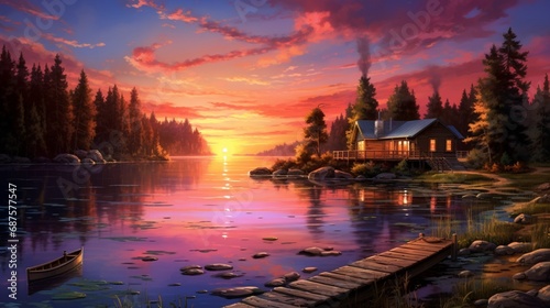 A summer evening with a vibrant sunset casting a warm glow over a tranquil lake