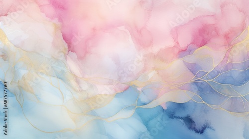 Watercolor pastel colors of pink and blue and gold, ink colors