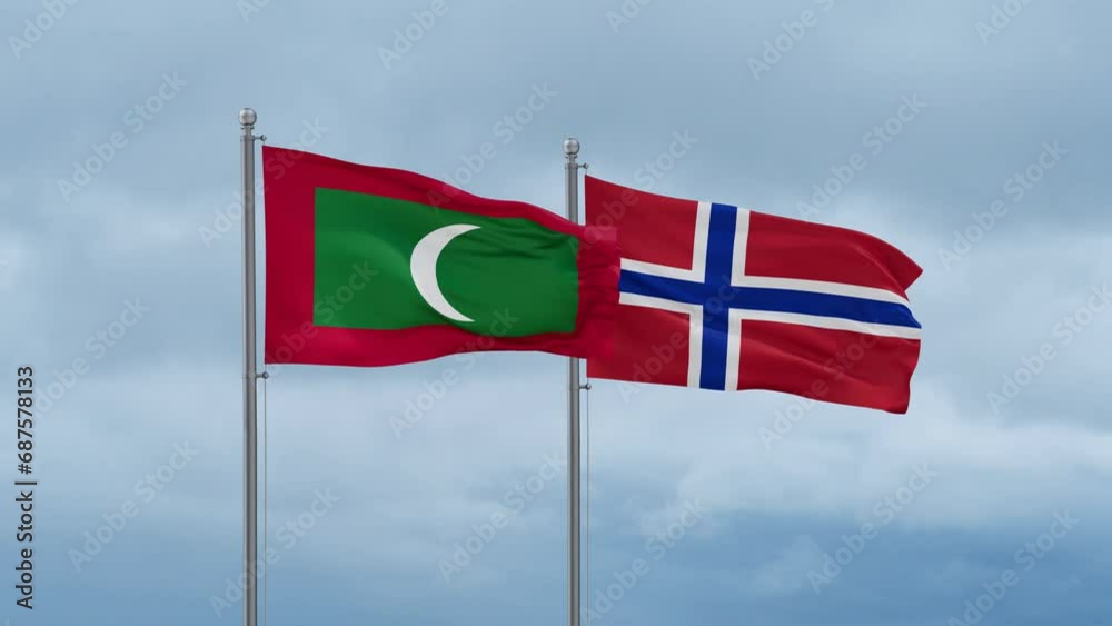 Norway flag and Maldives flag waving together on cloudy sky, endless seamless loop, two country relations concept Norway flag and Maldives flag waving together on cloudy sky, endless seamless loop, two country relations concept
