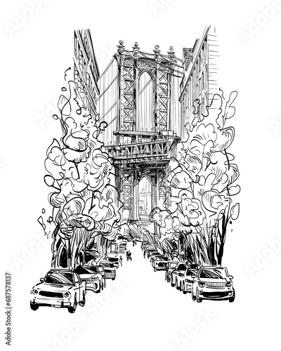 The Brooklyn Bridge. New York. USA. Hand drawn city sketch. Vector illustration.