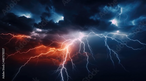 Lightning thunderstorm flash over the night sky. © tonstock