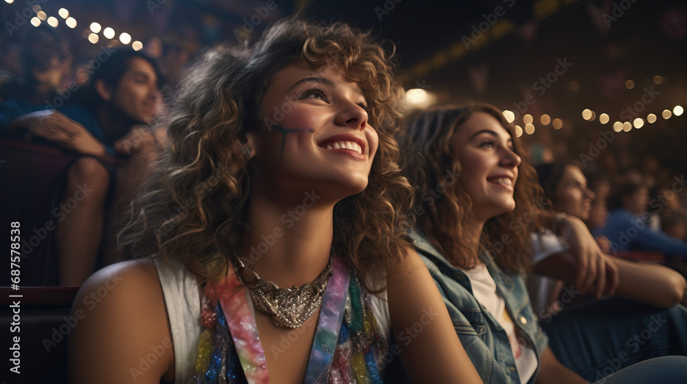 Friends at a Concert in the 1980s: Vintage Crowd, Radiating Joyful Nostalgia and Musical Euphoria. Concept of Retro Revelry, Friendship Bonds, and Time-Traveling Musical Moments.