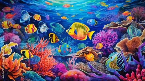 An array of tropical fish, their scales a vivid spectrum of colors, swimming in a brilliantly colored coral reef. © Khan