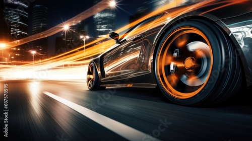 Sport car racing with speed on night of city neon lighting background photo