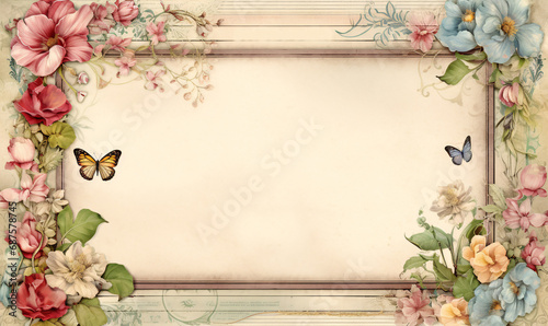 Vintage summer themed beautiful border with flowers and butterflies framed page in abstract and cream style.