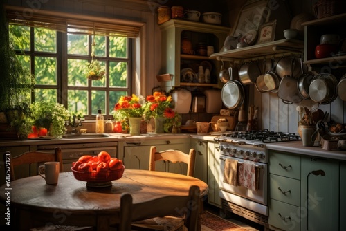 Cozy farmhouse style kitchen interior, room filled with all sorts of appliances and details rustic kitchen © pundapanda
