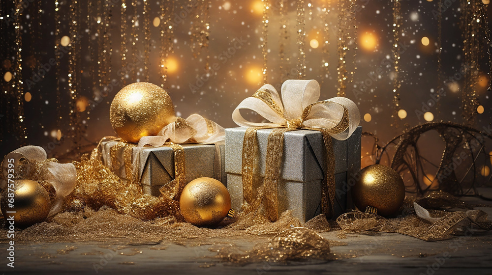 Golden Christmas gift box on golden background