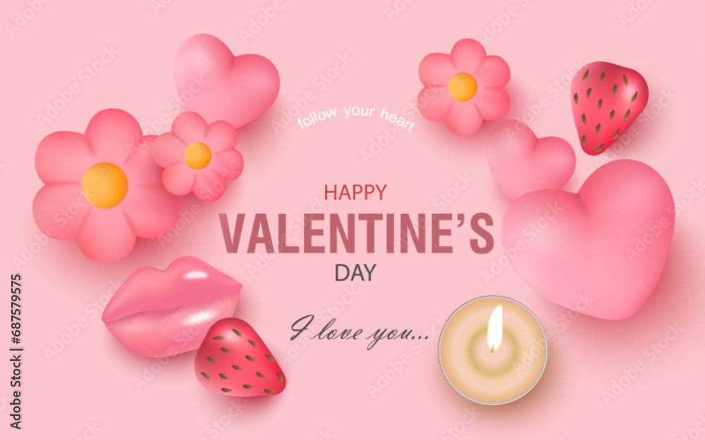 Happy Valentine's Day greetings. A horizontal banner for a website. Romantic background with realistic design elements of hearts, flowers,lips,strawberries,candle