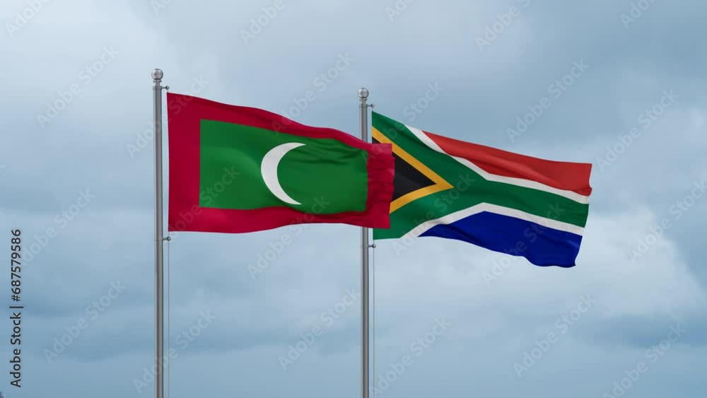 Republic of South Africa and Maldives flag waving together on cloudy sky, endless seamless loop, two country cooperation concept Republic of South Africa and Maldives flag waving together on cloudy sky, endless seamless loop, two country cooperation concept