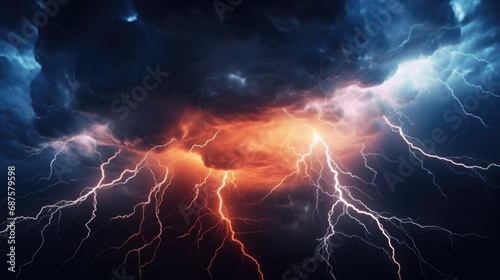 Lightning thunderstorm flash over the night sky.