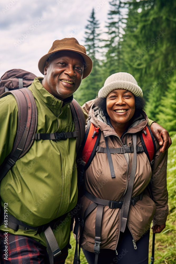 An active elderly couple is traveling through the forest. Mature people enjoying and having fun