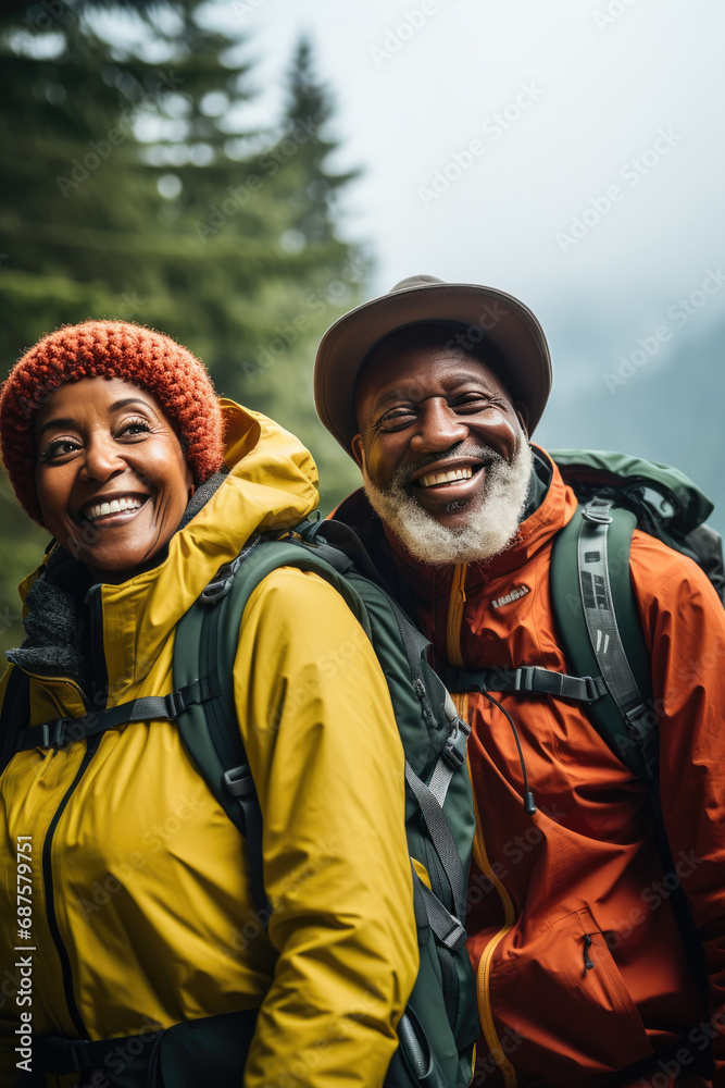 Fototapeta premium An active elderly couple is traveling through the forest. Mature people enjoying and having fun