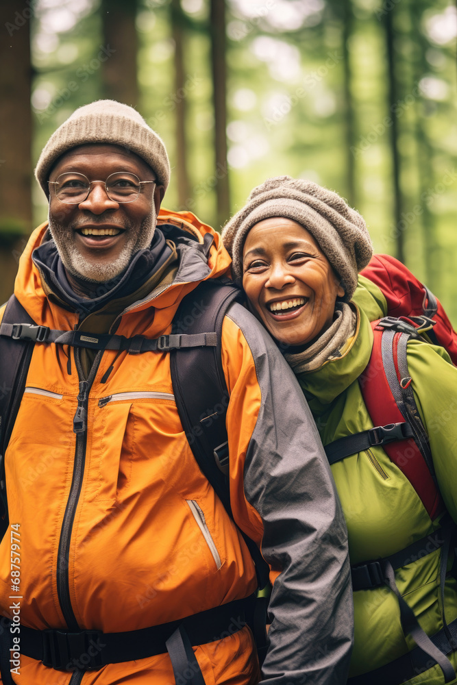 An active elderly couple is traveling through the forest. Mature people enjoying and having fun An active elderly couple is traveling through the forest. Mature people enjoying and having fun
