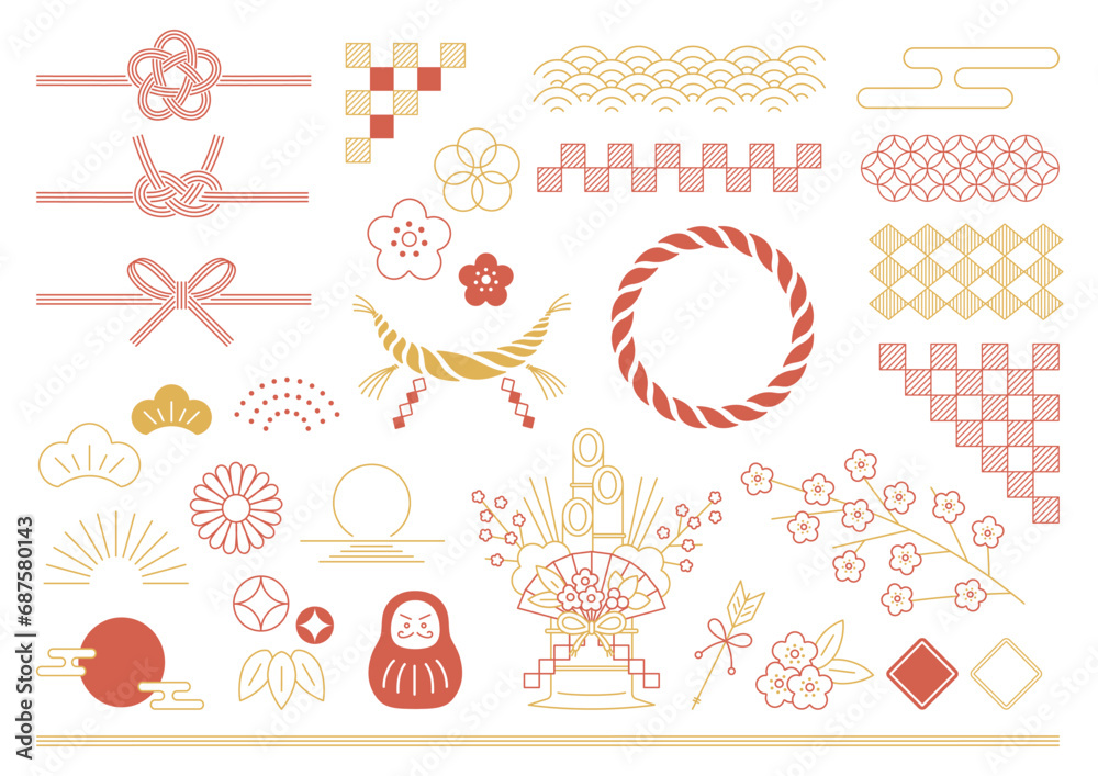 お正月の飾りイラスト。新年のデザイン素材セット。和柄、水引、挿絵、フレーム。