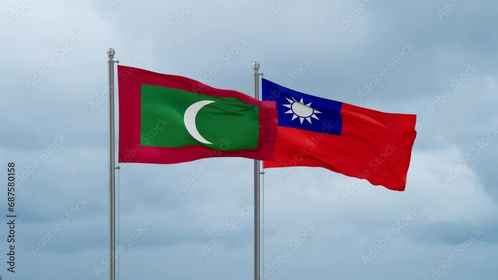 Taiwan and Maldives flag waving together on cloudy sky, endless seamless loop, two country cooperation concept Taiwan and Maldives flag waving together on cloudy sky, endless seamless loop, two country cooperation concept