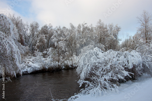 Fast flowing river in winter. Snow-covered trees on the shore