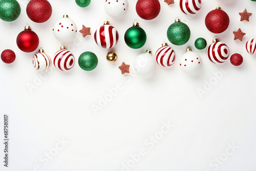 Colorful Christmas baubles and stars on white background with copy space. High quality photo