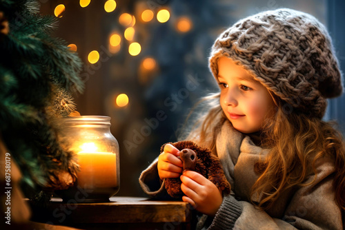 A cute little girl in a winter coat and cap looks devoutly at a burning candle at Christmas time photo