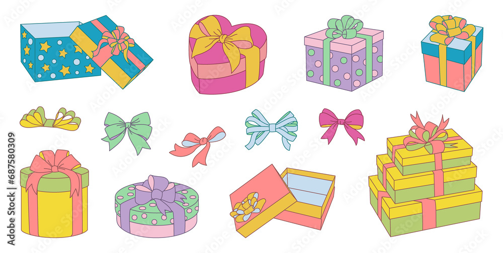 Colorful gift box vector cartoon icon set. Isolated cartoon icon christmas and holiday box. Vector illustration xmas gift and surprise on white background.