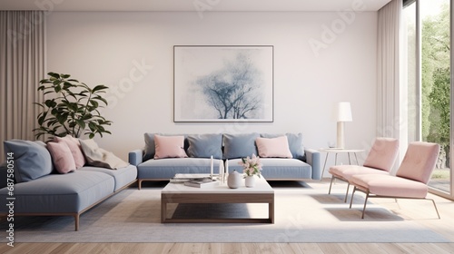 An elegant, minimalist living room with soft pink and cool blue accents, creating a calming and contemporary interior design. © Khan