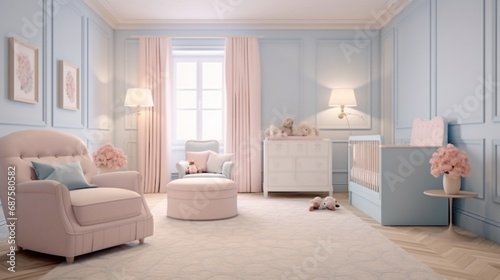 An elegant nursery with pastel pink and soothing blue accents  creating a calm and welcoming space for a newborn s room.