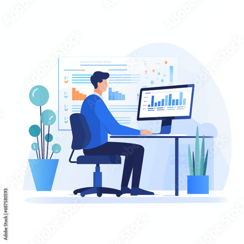 Businessperson sitting at an office desk operating a computer and analyzing website access data｜Generative AI