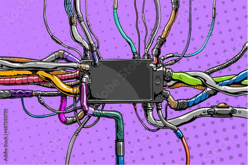 Artificial intelligence self-portrait. Cyberpunk backgrounds. Comics style layout template. Design industry for posters, placards,banners, flyers. Hand drawn vector illustration. 