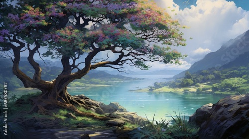 an enchanting image of a tree by the water's edge, with its branches adorned in a lush palette of greens, blues, and violets, reflecting the tranquility of the natural world.