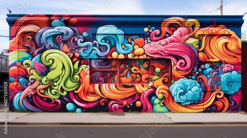 An energetic  vivid graffiti mural adorning an urban wall  showcasing the creativity and expression of street art.