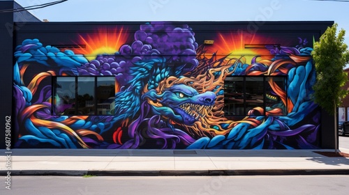 An energetic  vivid graffiti mural adorning an urban wall  showcasing the creativity and expression of street art.