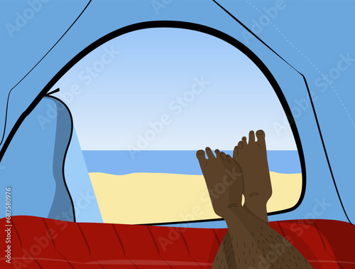 View from inside the camp to the marine landscape. Man tourist laying in the tent and taking picture of his feet at the background of beach outside.