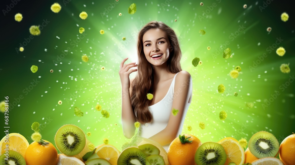 Portrait of a young beautiful girl surrounded by fruit