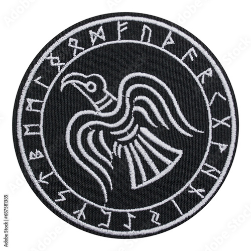 Embroidered patch Odins Raven Munin  Hugin. Runic circle. Viking style. Thor. Accessory for metalheads  punks  rockers  bikers  satanists  emo  street aggressive subcultures.