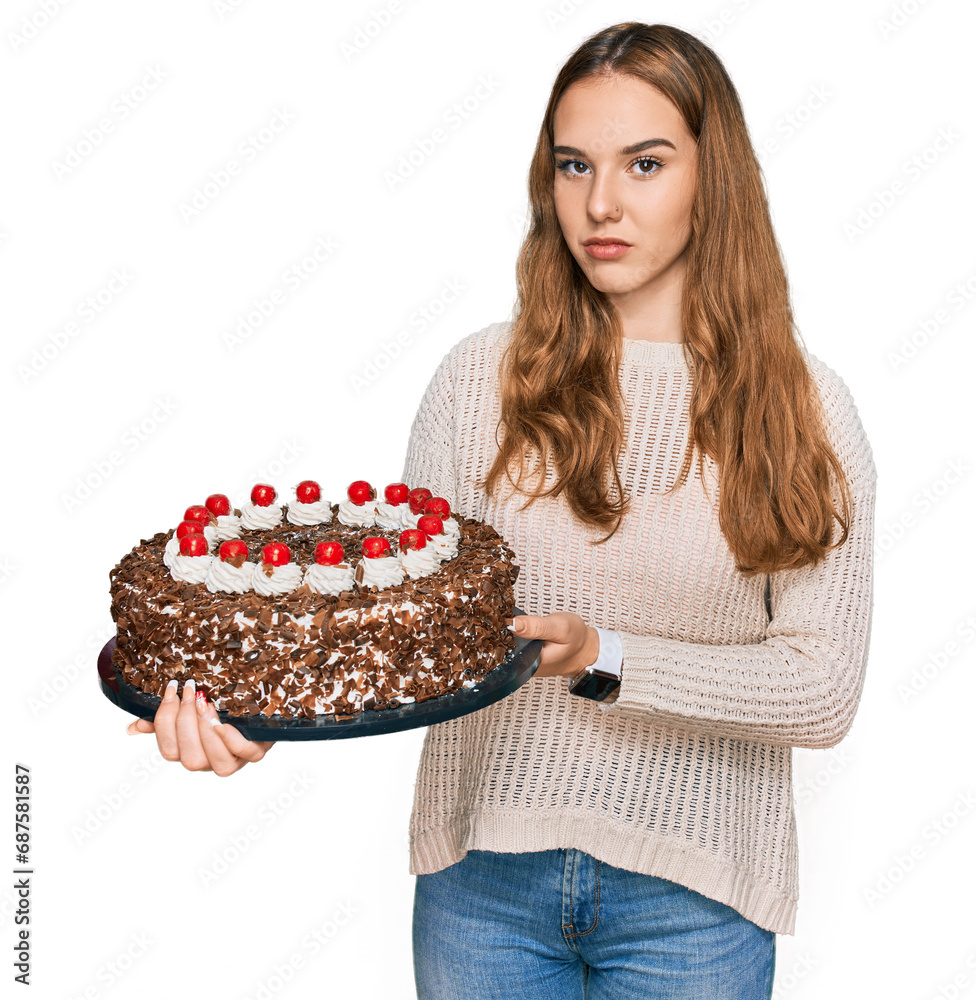 Young blonde woman celebrating birthday holding big chocolate cake thinking attitude and sober expression looking self confident Young blonde woman celebrating birthday holding big chocolate cake thinking attitude and sober expression looking self confident