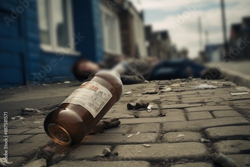 Hombre inconsciente en el suelo de una calle empedrada con una botella de licor vacía en primer plano photo