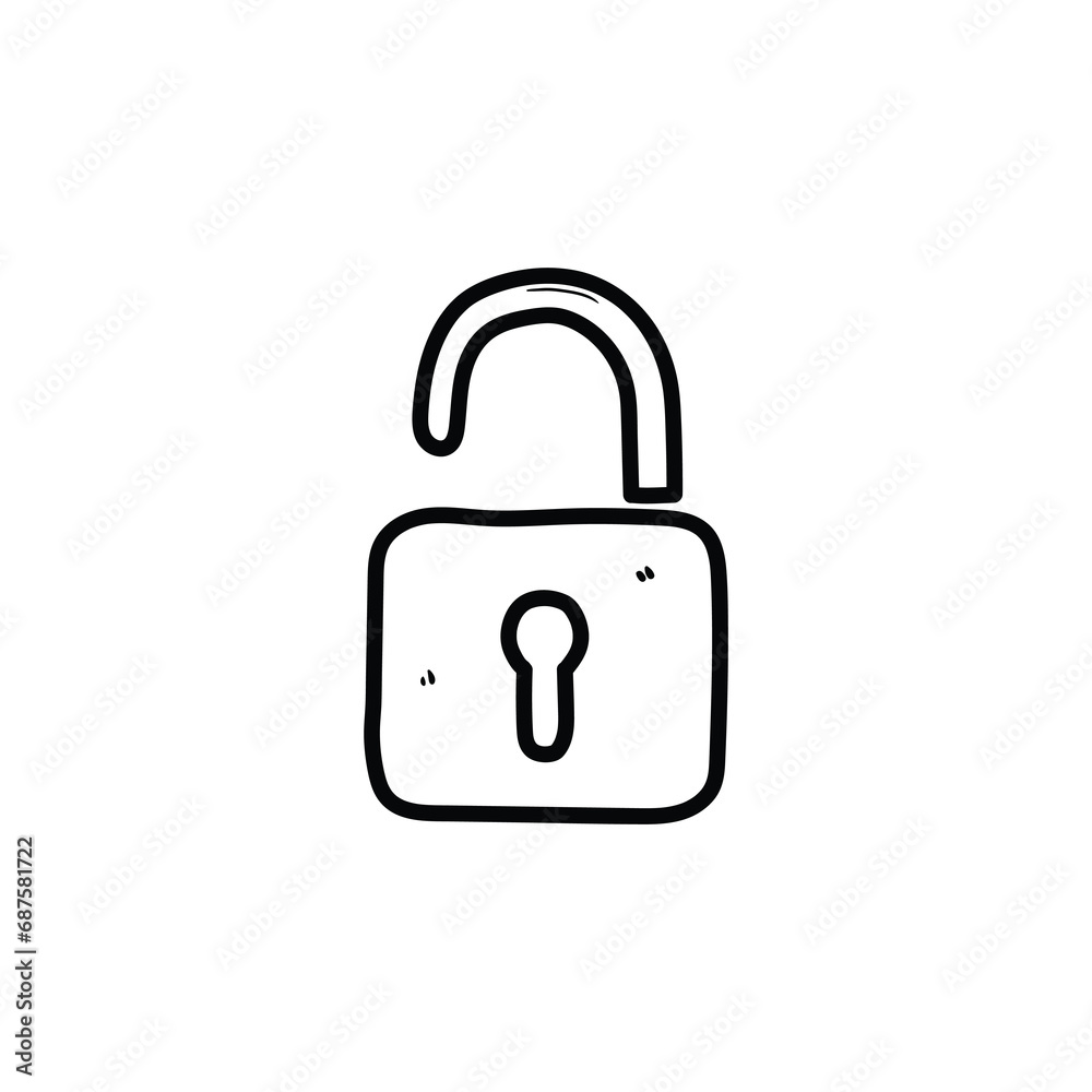 A hand-drawn doodle of an open lock on a white background.