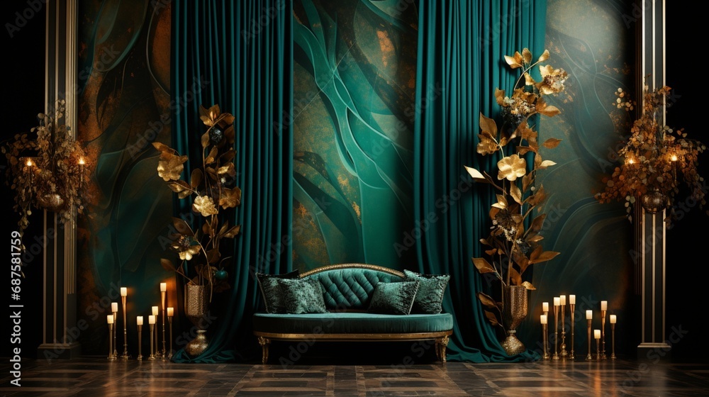 an opulent and luxurious abstract backdrop using silky textures in shades of emerald green and gleaming gold, evoking a sense of extravagance and regal allure.