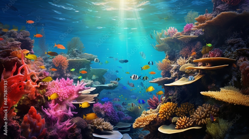 an underwater marvel as a school of colorful tropical fish gracefully swims among vibrant coral reefs in crystal-clear ocean waters.