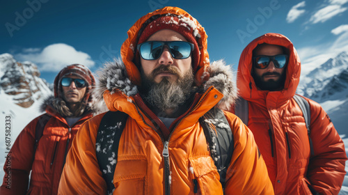 Three men in orange jackets, against the background of a winter landscape with snow-capped peaks. Active recreation and adventures, mountaineering photo