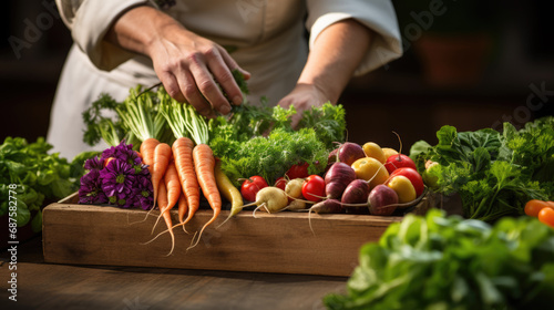 Farmers hands carefully selecting and presenting an array of fresh  organic vegetables