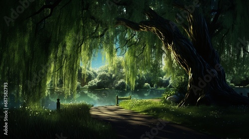 park filled with elegant weeping willow trees  their graceful branches swaying in the breeze  surrounded by a sea of emerald green.