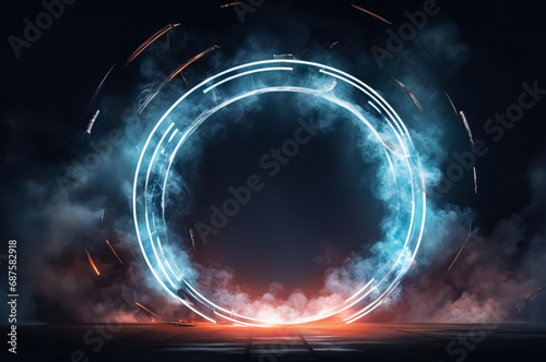 A fantastic landscape with a neon circle. The background is dark. AI