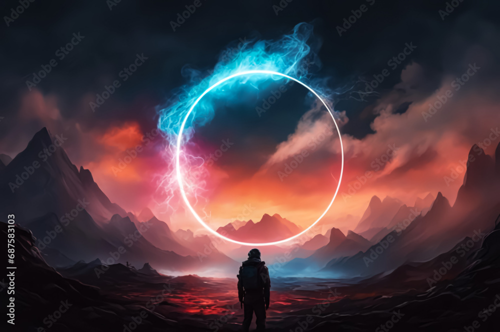A fantastic landscape with a neon circle. The background is dark. AI A fantastic landscape with a neon circle. The background is dark. AI