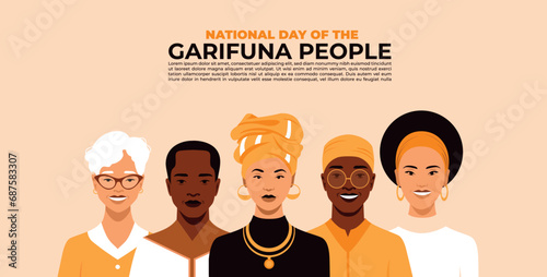 Vector of group of five personas celebrating National day of the Garifuna people.
